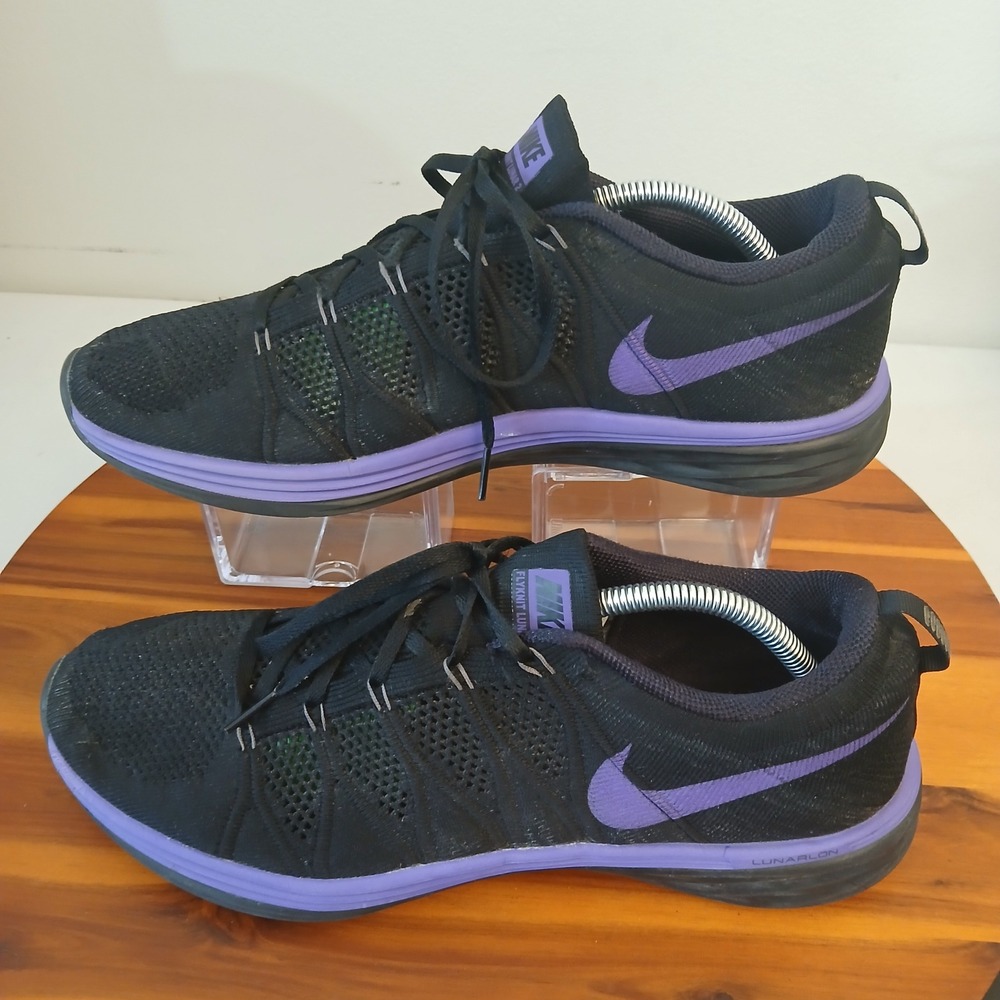 Nike Flyknit Lunar 2 Mens 12.5 Black Purple Running Shoes Sneakers 624897-011